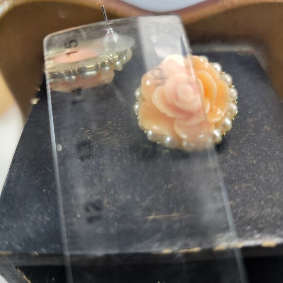 Peach Rose Stud Earrings with Pearl Border, Vintage Floral Statement Jewelry - Picture 10 of 10